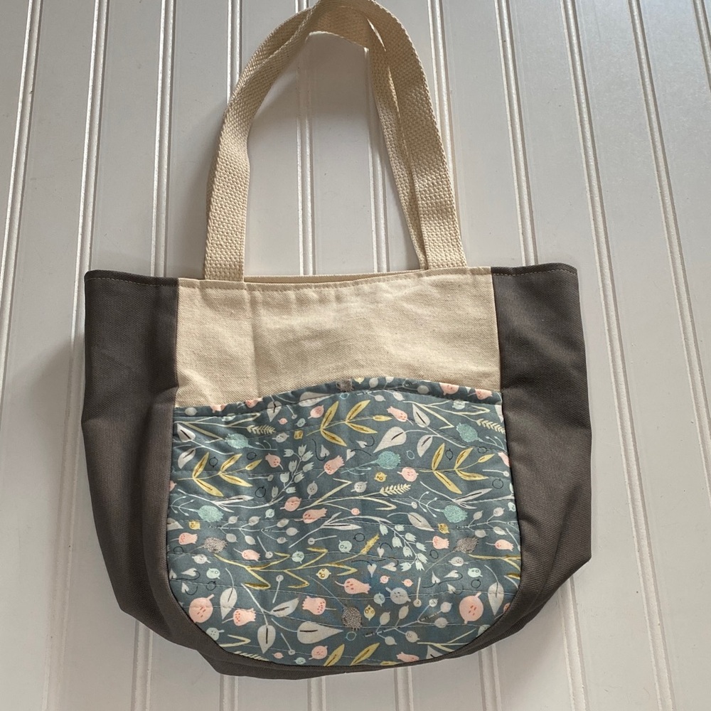 Handmade Floral Canvas Tote Bag - Cream pink grey